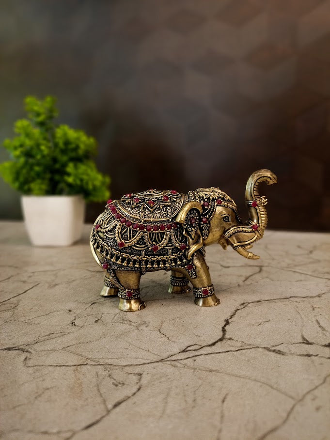 Brass Fine Art Elephant with Stone Work | Premium Decorative Elephant Showpiece for Home, Pooja & Vastu Décor
