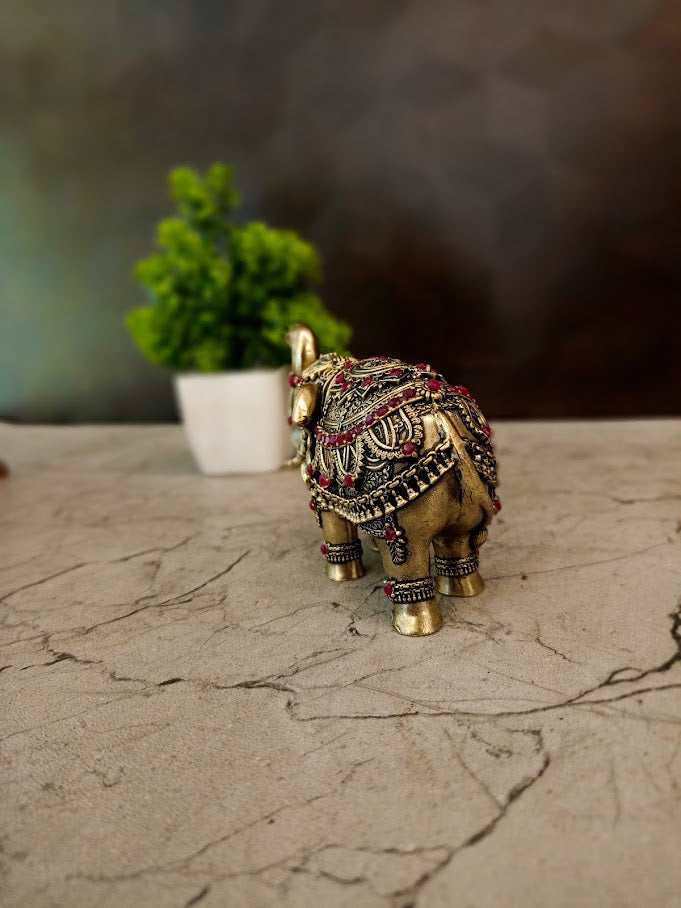 Brass Fine Art Elephant with Stone Work | Premium Decorative Elephant Showpiece for Home, Pooja & Vastu Décor