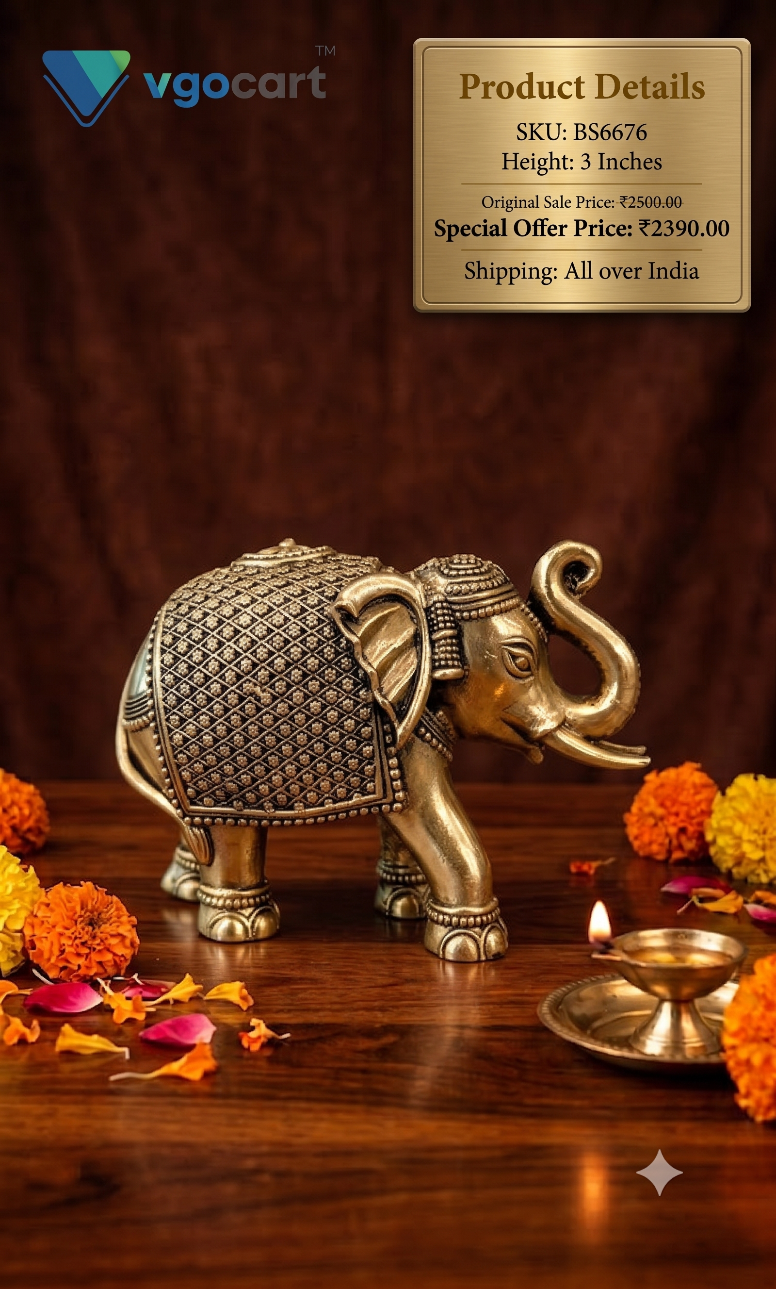 Brass Fine Art Elephant Idol | Premium Traditional Brass Elephant Showpiece for Home, Office & Vastu Decor