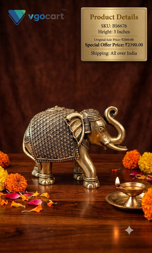Brass Fine Art Elephant Idol | Premium Traditional Brass Elephant Showpiece for Home, Office & Vastu Decor
