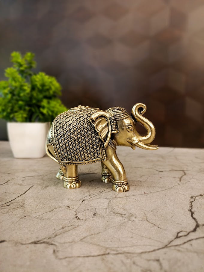 Brass Fine Art Elephant Idol | Premium Traditional Brass Elephant Showpiece for Home, Office & Vastu Decor