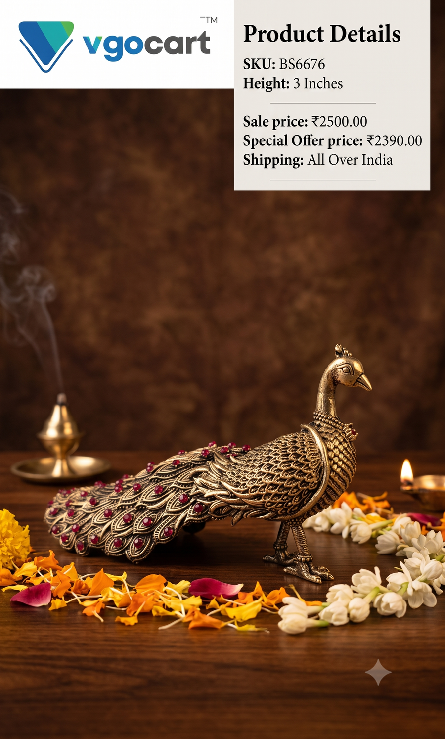 Brass Fine Art Peacock with Stone Work | Premium Decorative Peacock Showpiece for Home, Office & Vastu Decor