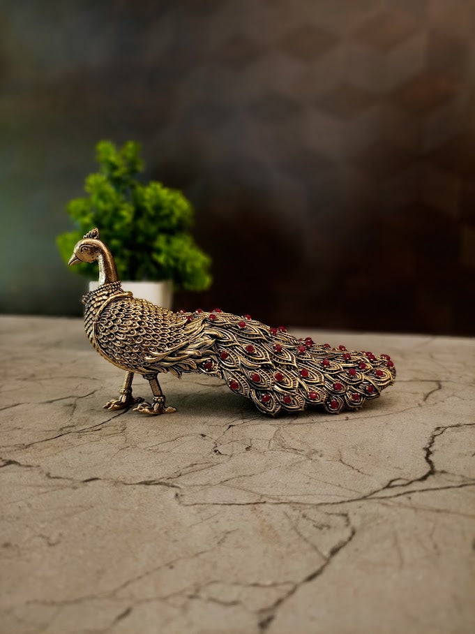 Brass Fine Art Peacock with Stone Work | Premium Decorative Peacock Showpiece for Home, Office & Vastu Decor