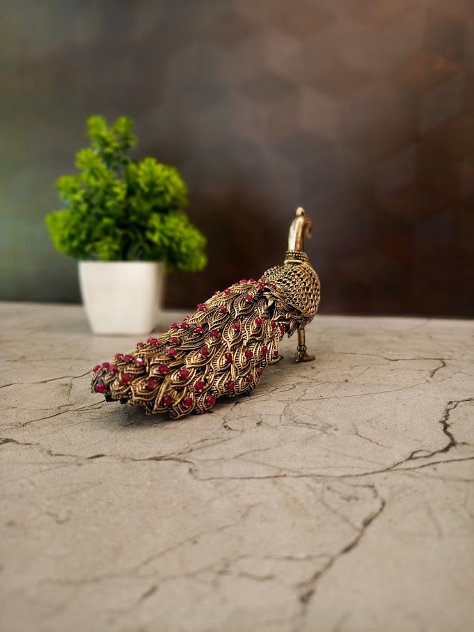 Brass Fine Art Peacock with Stone Work | Premium Decorative Peacock Showpiece for Home, Office & Vastu Decor