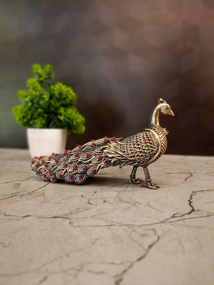 Brass Fine Art Peacock with Stone Work | Premium Decorative Peacock Showpiece for Home, Office & Vastu Decor