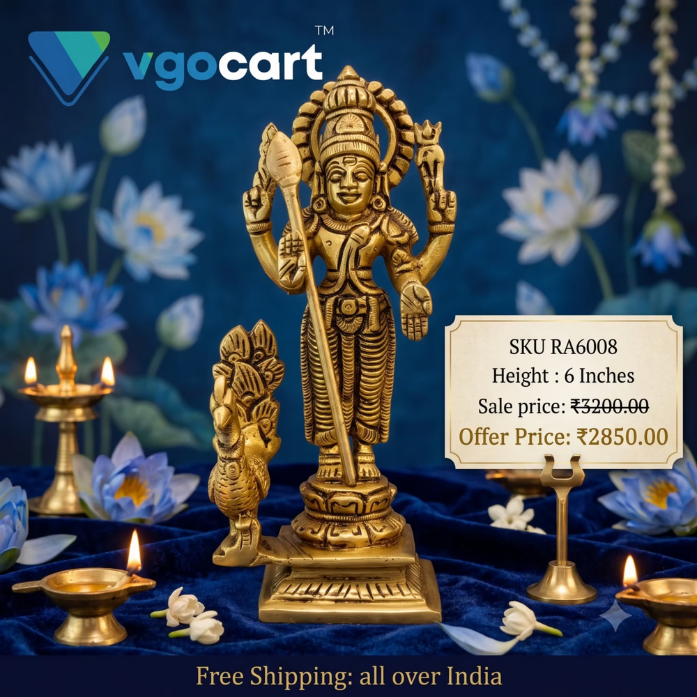 Brass Murugan with Peacock Idol 6 Inch | Lord Murugan Subramanya Swamy Statue with Vel | Hindu God Idol for Pooja Room & Home Temple