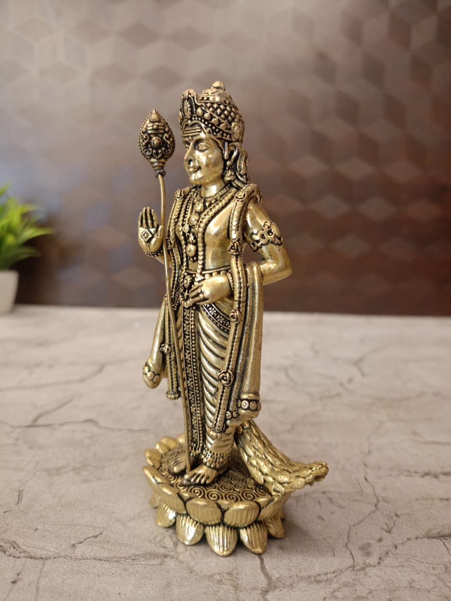 Brass Fine Art Murugan Idol Standing on Lotus | Premium Handcrafted Lord Murugan Brass Statue for Pooja, Home & Vastu