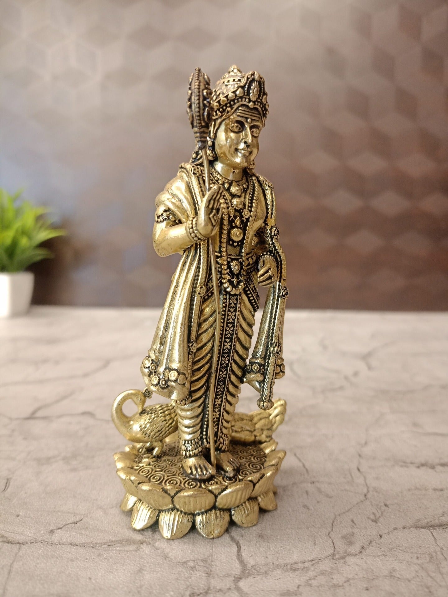 Brass Fine Art Murugan Idol Standing on Lotus | Premium Handcrafted Lord Murugan Brass Statue for Pooja, Home & Vastu