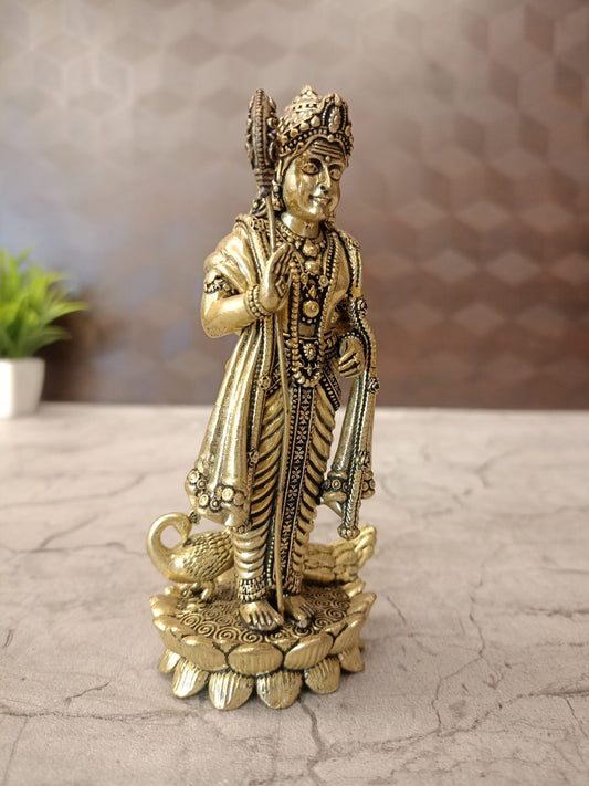Brass Fine Art Murugan Idol Standing on Lotus | Premium Handcrafted Lord Murugan Brass Statue for Pooja, Home & Vastu