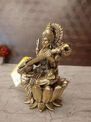 Brass Fine Art Saraswathi Idol Sitting on Lotus | Premium Handcrafted Goddess Saraswati Brass Statue for Pooja, Home & Vastu