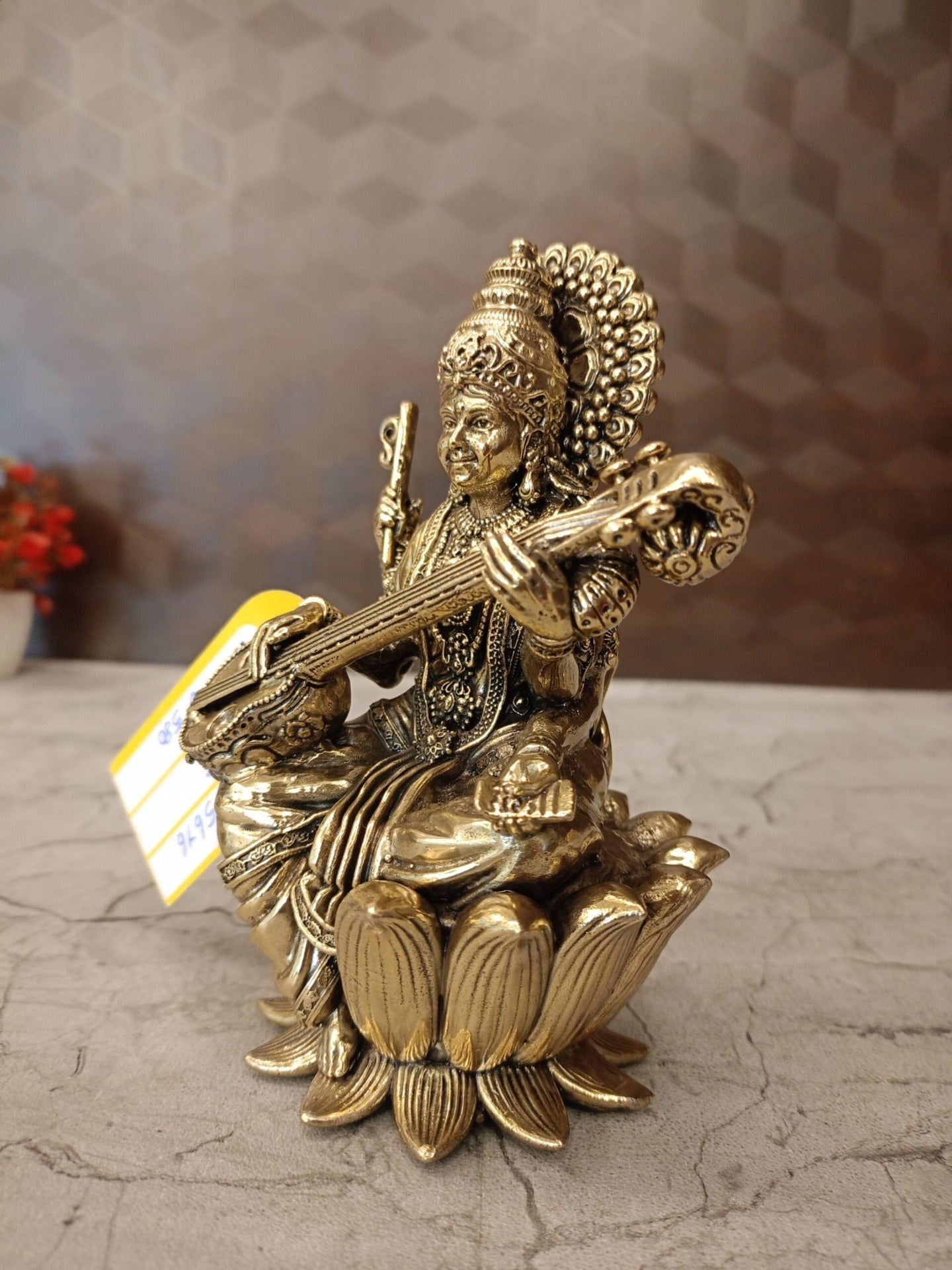 Brass Fine Art Saraswathi Idol Sitting on Lotus | Premium Handcrafted Goddess Saraswati Brass Statue for Pooja, Home & Vastu