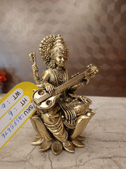 Brass Fine Art Saraswathi Idol Sitting on Lotus | Premium Handcrafted Goddess Saraswati Brass Statue for Pooja, Home & Vastu