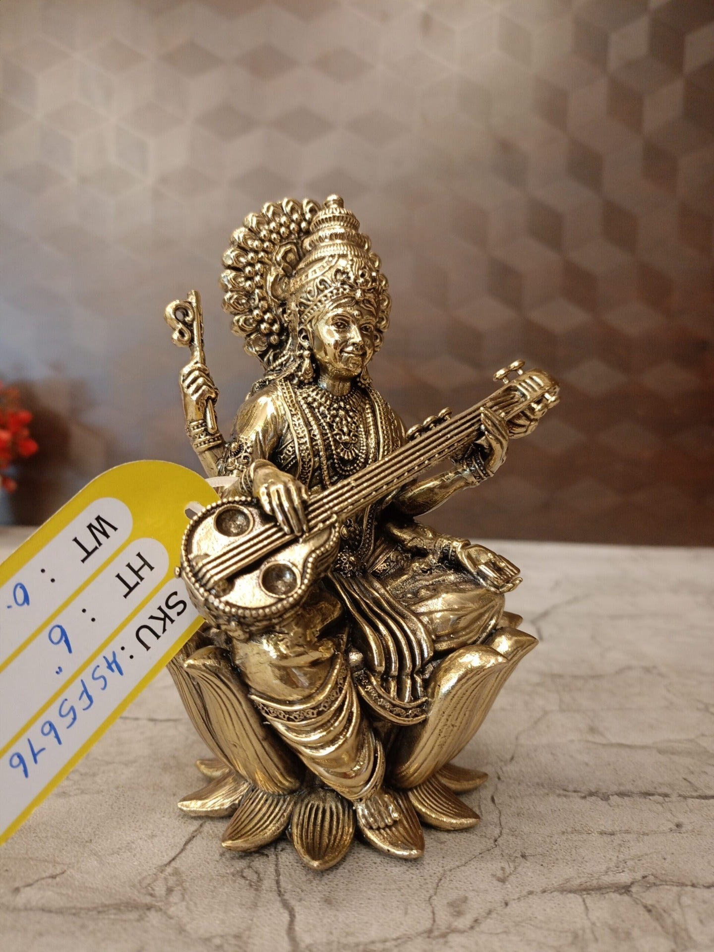Brass Fine Art Saraswathi Idol Sitting on Lotus | Premium Handcrafted Goddess Saraswati Brass Statue for Pooja, Home & Vastu