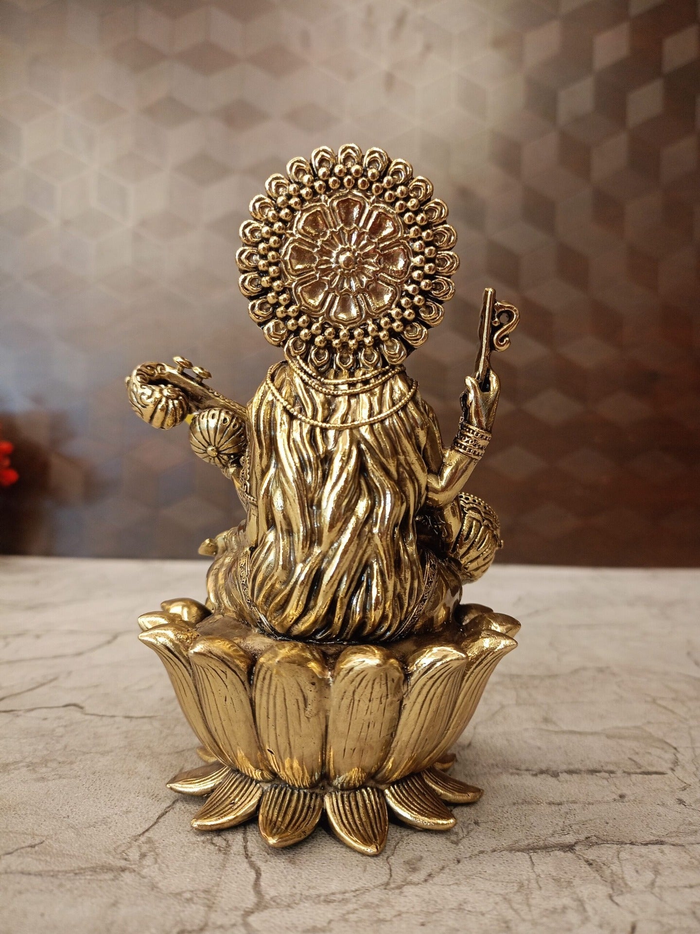 Brass Fine Art Saraswathi Idol Sitting on Lotus | Premium Handcrafted Goddess Saraswati Brass Statue for Pooja, Home & Vastu