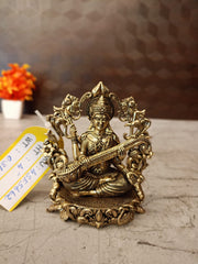 Brass Fine Art Saraswathi with Thiruvachi Idol | Premium Handcrafted Goddess Saraswati Brass Statue for Pooja, Home & Vastu