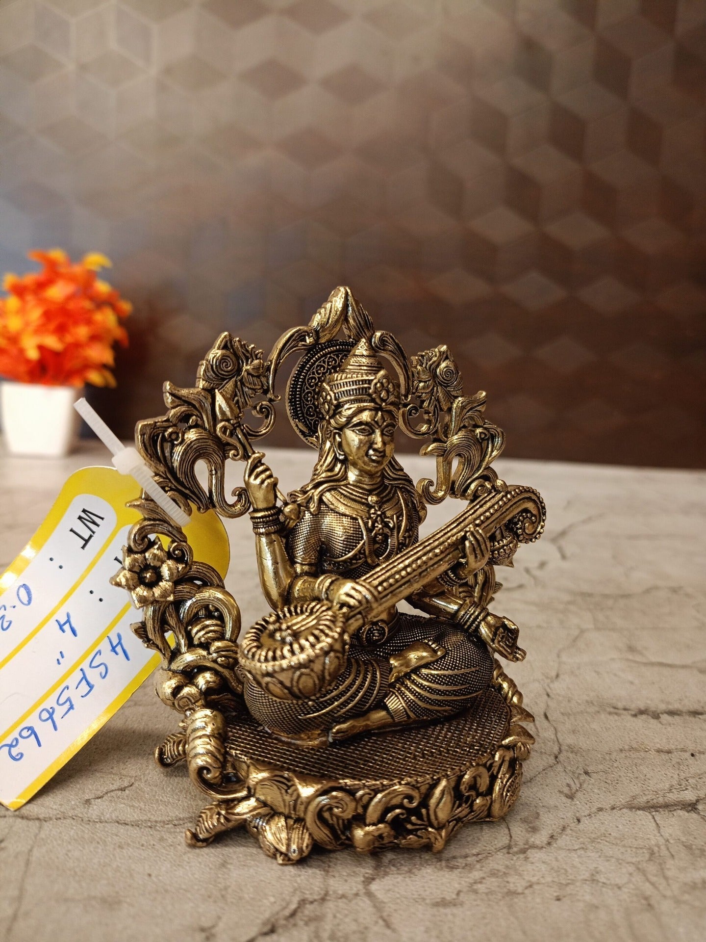 Brass Fine Art Saraswathi with Thiruvachi Idol | Premium Handcrafted Goddess Saraswati Brass Statue for Pooja, Home & Vastu