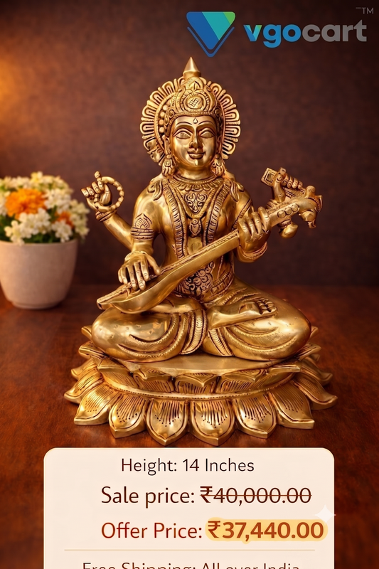 Brass Saraswathi Idol on Lotus Base | Premium Goddess Saraswati Brass Statue for Pooja, Study Room & Home Decor