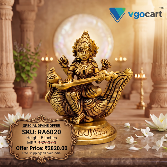 Brass Saraswathi Idol Sitting on Annam | Premium Goddess Saraswati Brass Statue for Pooja, Study Room & Home Décor