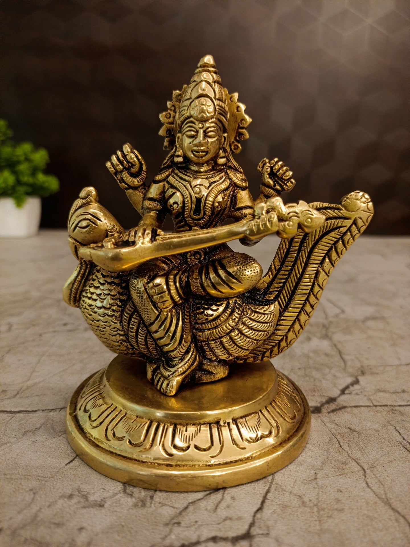 Brass Saraswathi Idol Sitting on Annam | Premium Goddess Saraswati Brass Statue for Pooja, Study Room & Home Décor