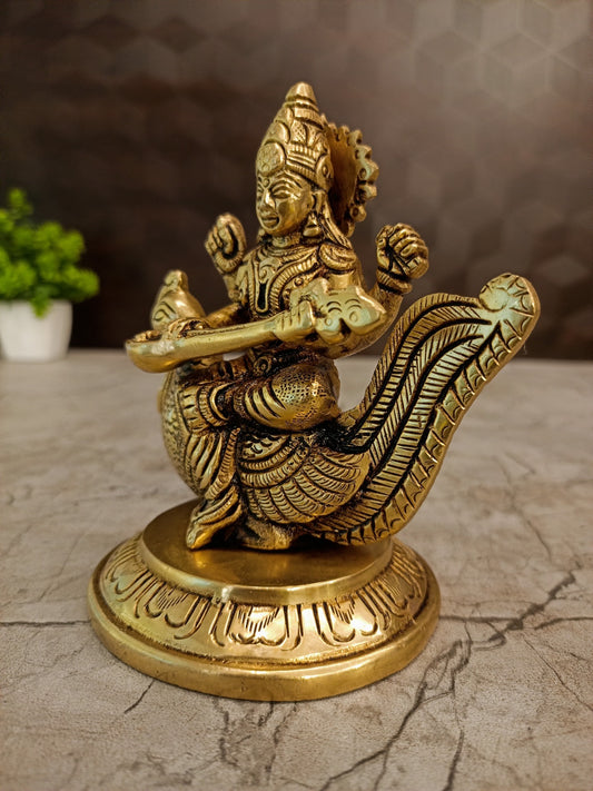 Brass Saraswathi Idol Sitting on Annam | Premium Goddess Saraswati Brass Statue for Pooja, Study Room & Home Décor