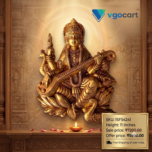 Brass Saraswathi Wall Mount Idol | Premium Goddess Saraswati Brass Wall Décor for Pooja Room, Study & Home
