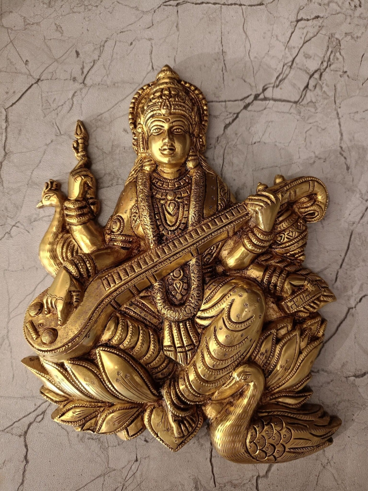 Brass Saraswathi Wall Mount Idol | Premium Goddess Saraswati Brass Wall Décor for Pooja Room, Study & Home