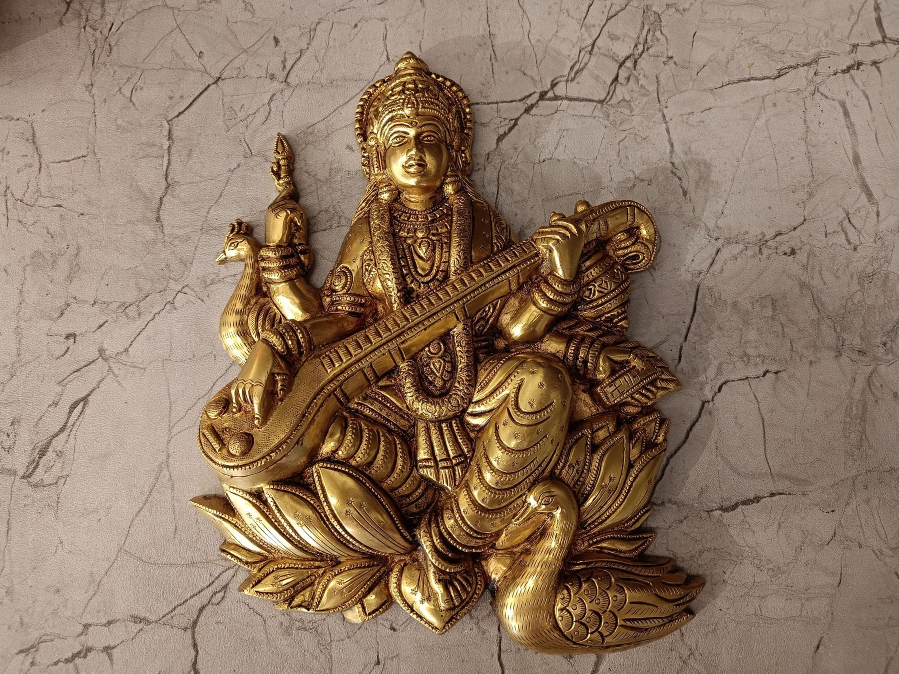 Brass Saraswathi Wall Mount Idol | Premium Goddess Saraswati Brass Wall Décor for Pooja Room, Study & Home