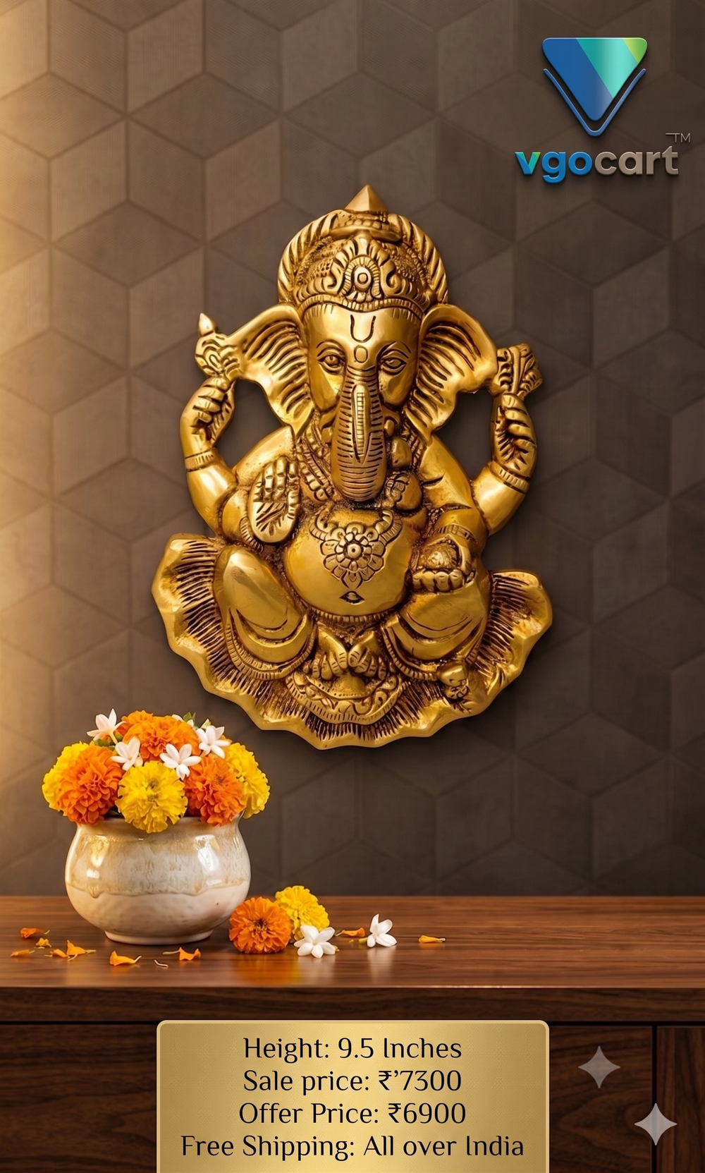 Brass Ganesha Wall Mount Idol | Premium Lord Ganesha Brass Wall Hanging for Pooja Room, Home & Vastu Decor