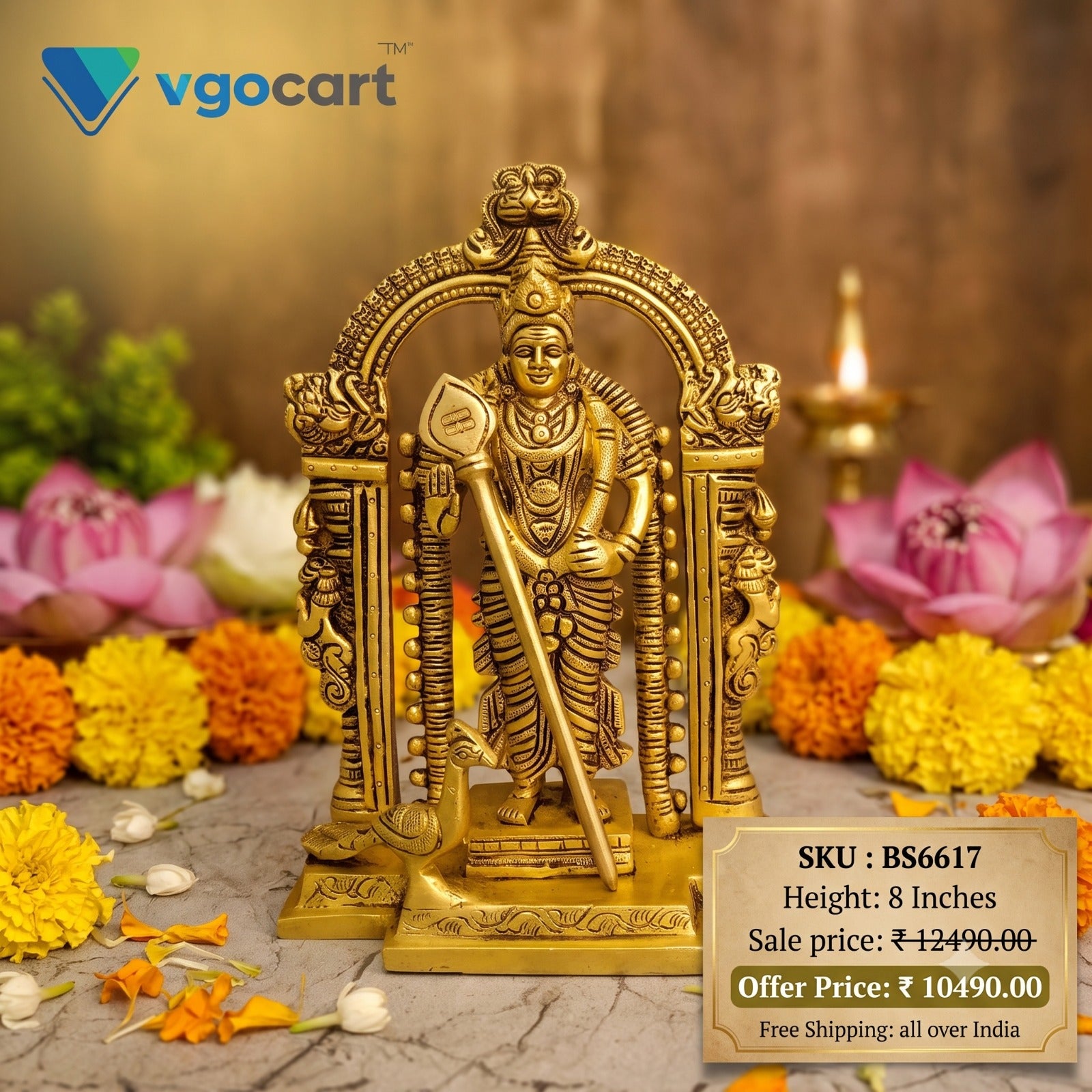 8″ Brass Malaysia Murugan with Arch Idol | Premium Lord Murugan Brass Statue for Pooja, Home & Vastu