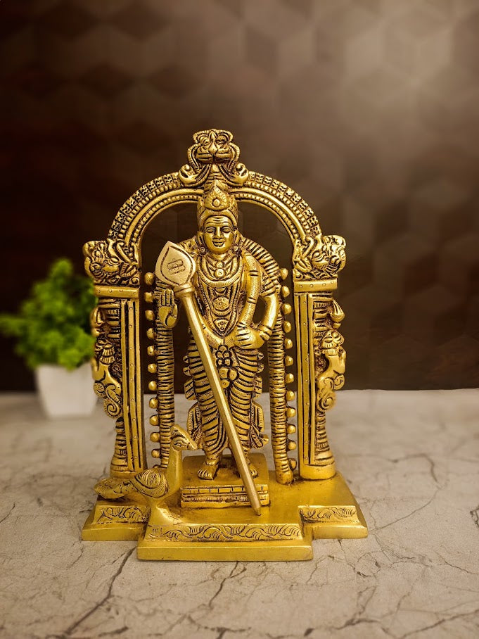 8″ Brass Malaysia Murugan with Arch Idol | Premium Lord Murugan Brass Statue for Pooja, Home & Vastu