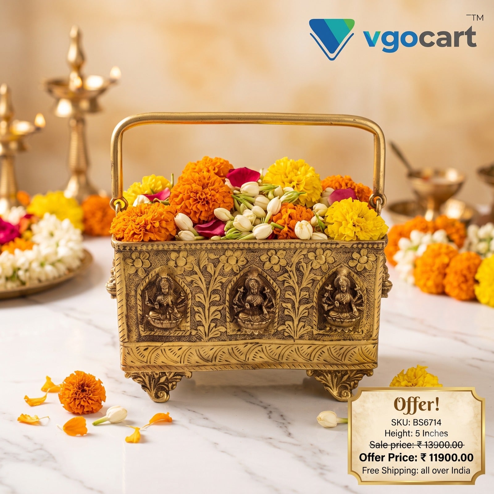 Premium Brass Ashtalakshmi Square Pooja Basket | 5" Traditional Pooja Flower Tokri