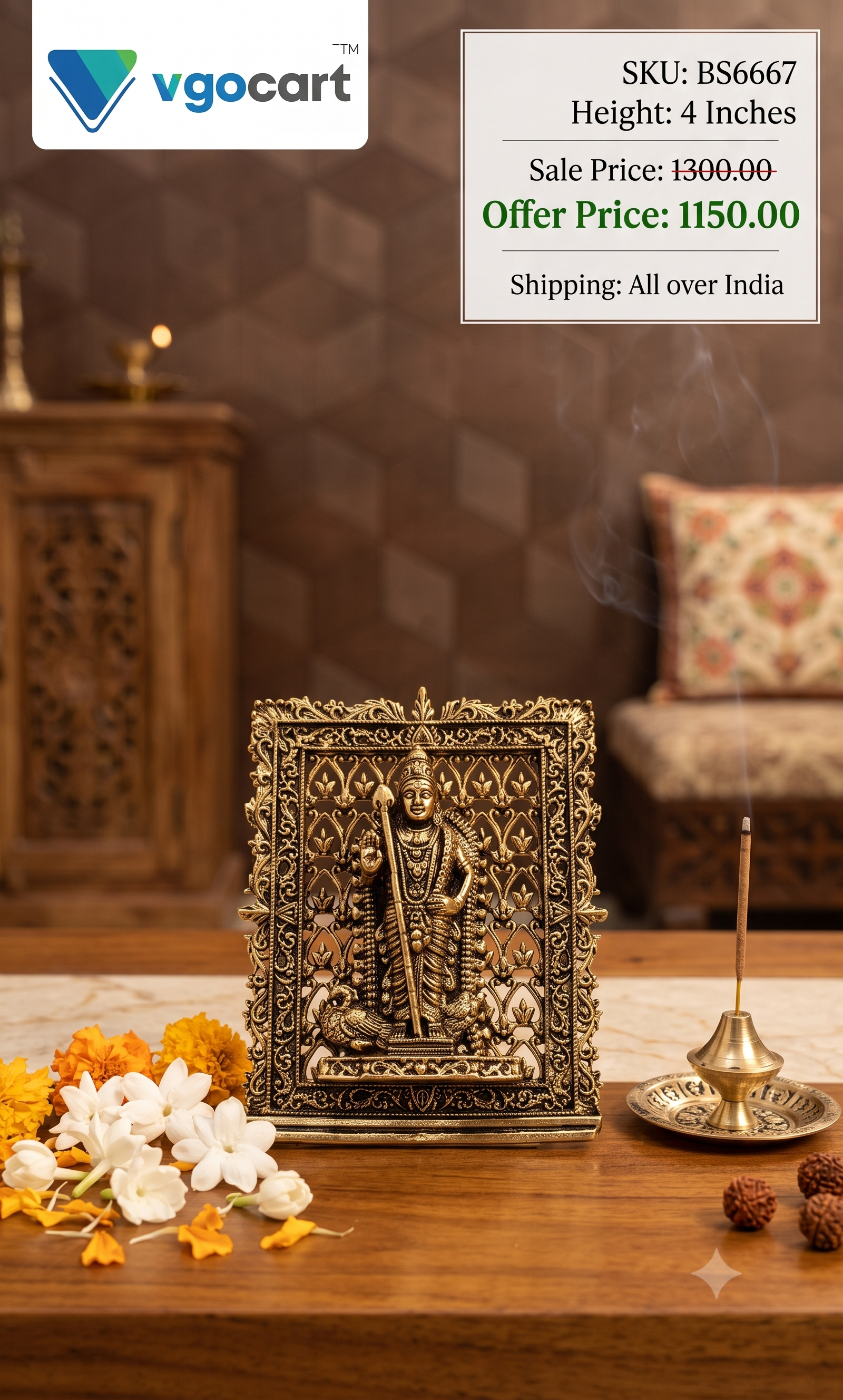 Authentic South Indian Brass Murugan Idol 3" – Fine Art Tabletop Kartikeya Decor