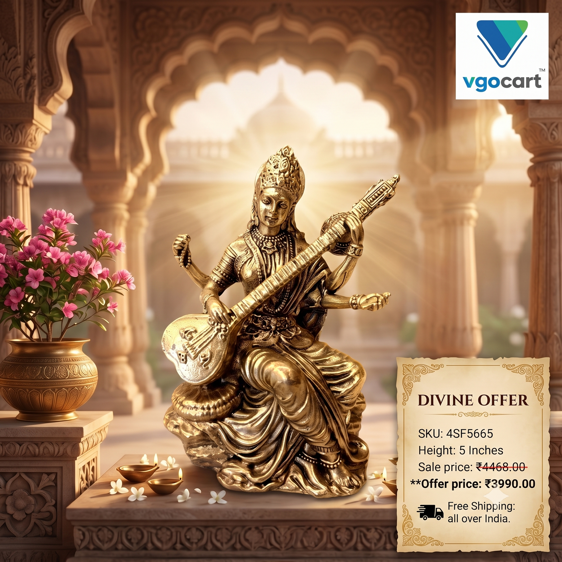 Premium Brass Fine Art Saraswathi Idol | Handcrafted Goddess of Wisdom Statue for Home & Pooja
