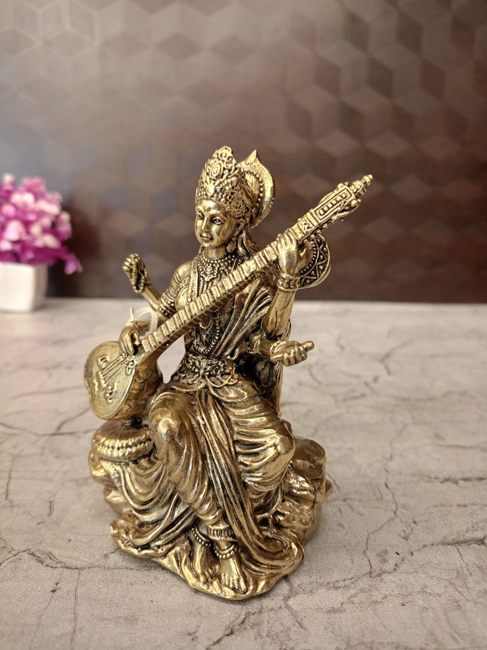 Premium Brass Fine Art Saraswathi Idol | Handcrafted Goddess of Wisdom Statue for Home & Pooja
