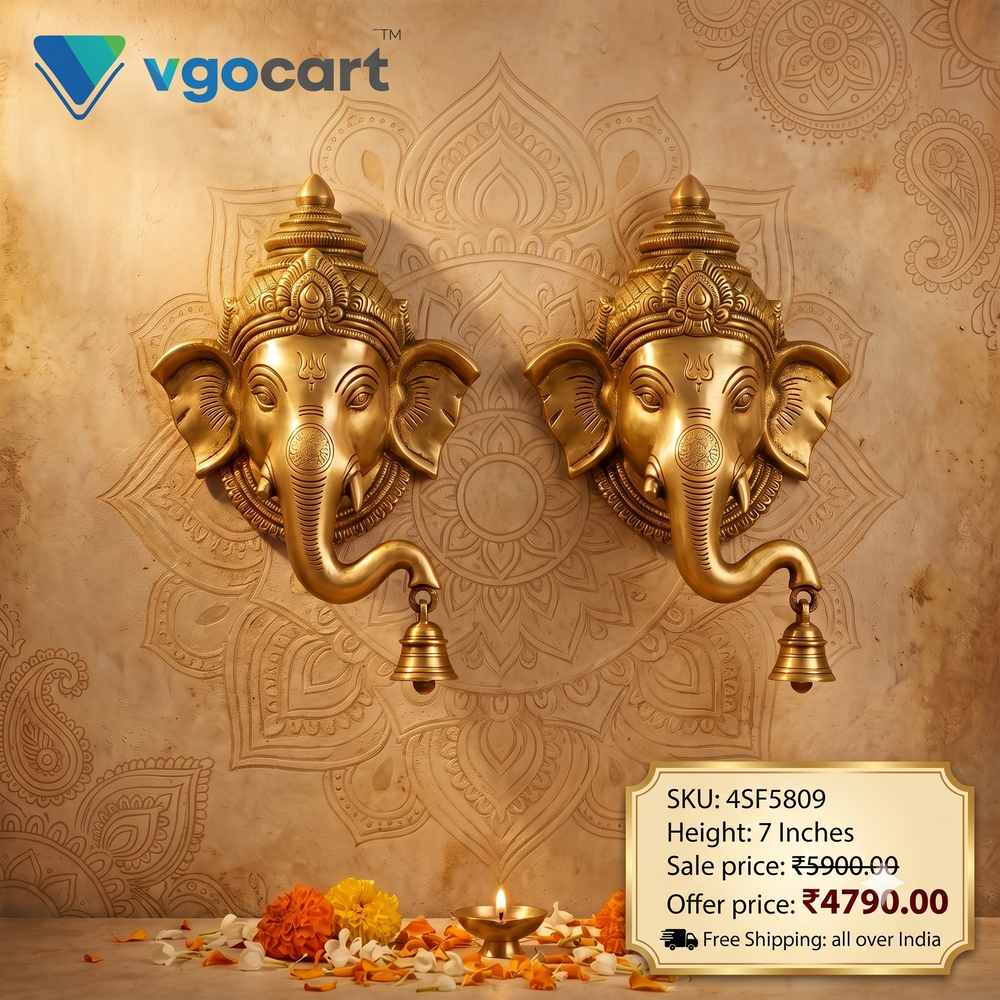 Brass Ganesha with Bell Left & Right Combo | Auspicious Hanging Temple Decor for Entrance