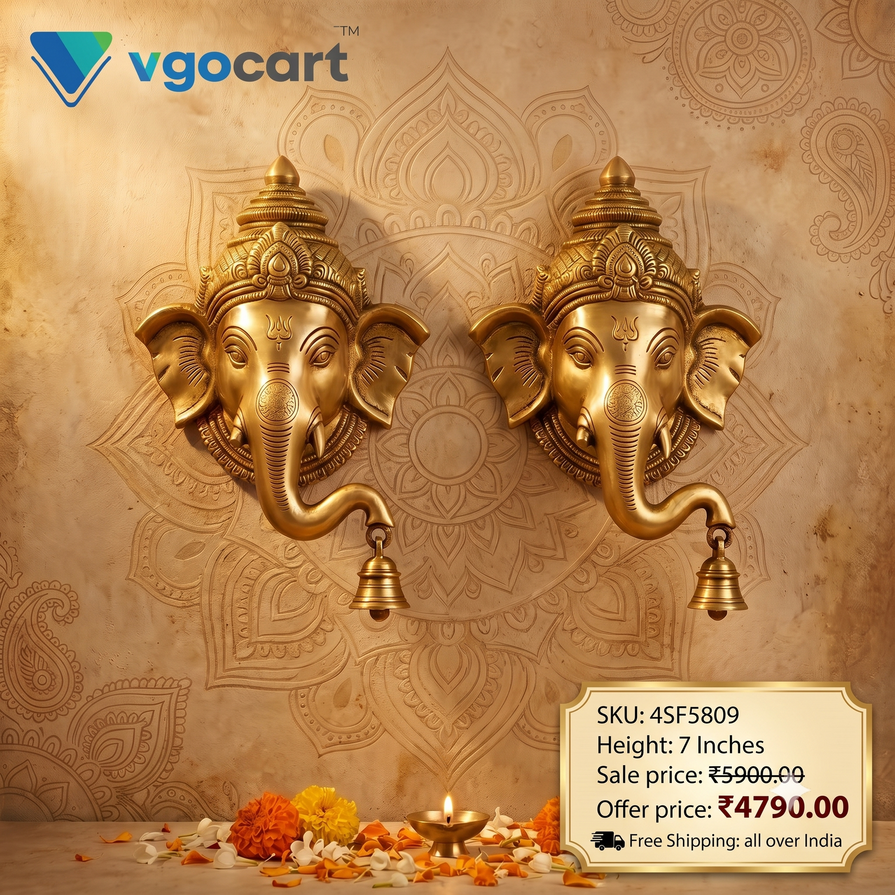 Brass Ganesha with Bell Left & Right Combo | Auspicious Hanging Temple Decor for Entrance