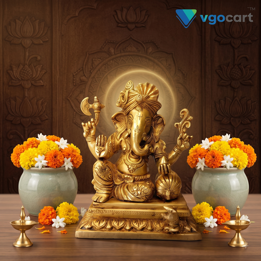 Brass Pagadi Ganesha Idol 12.5 Inch | Traditional Lord Ganesha Statue for Pooja Room, Home Decor & Gifting