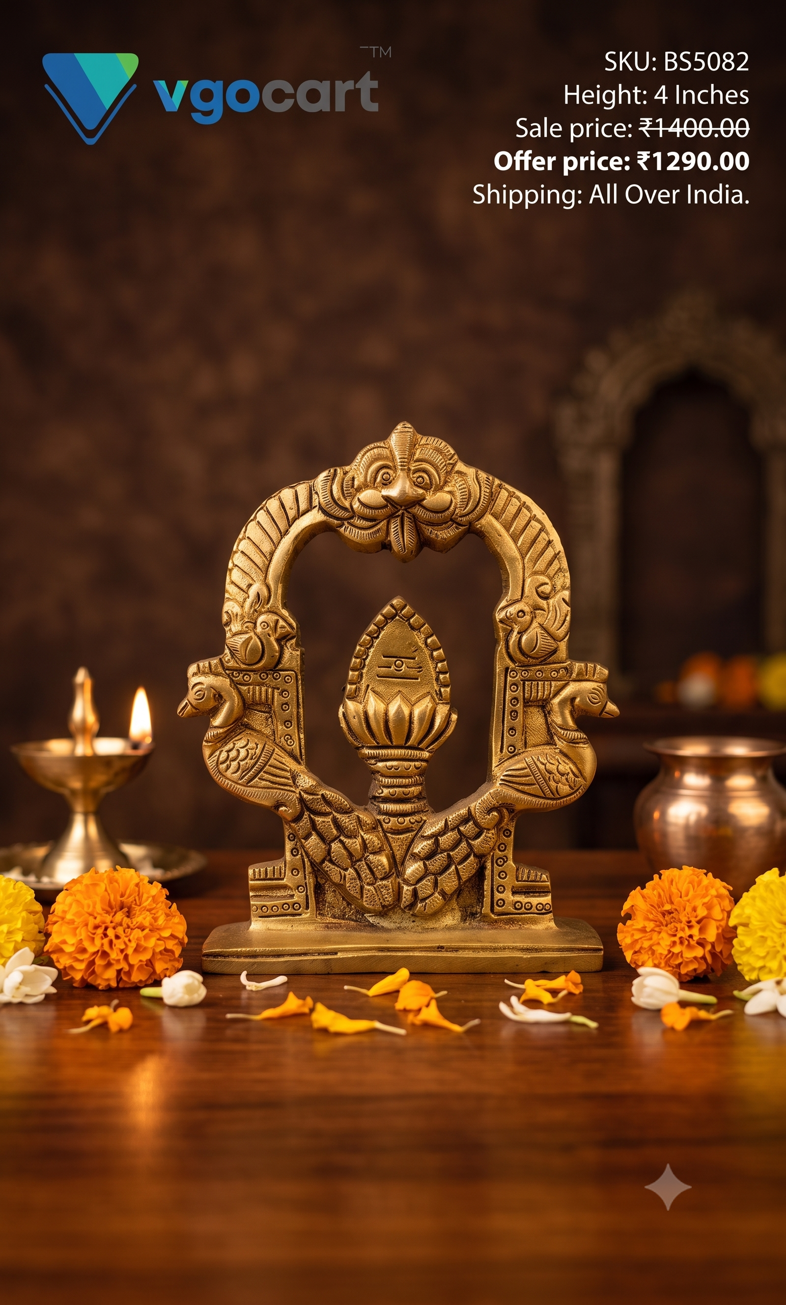Brass Peacock Arch Vel | Divine Lord Murugan Spear for Pooja & Vastu