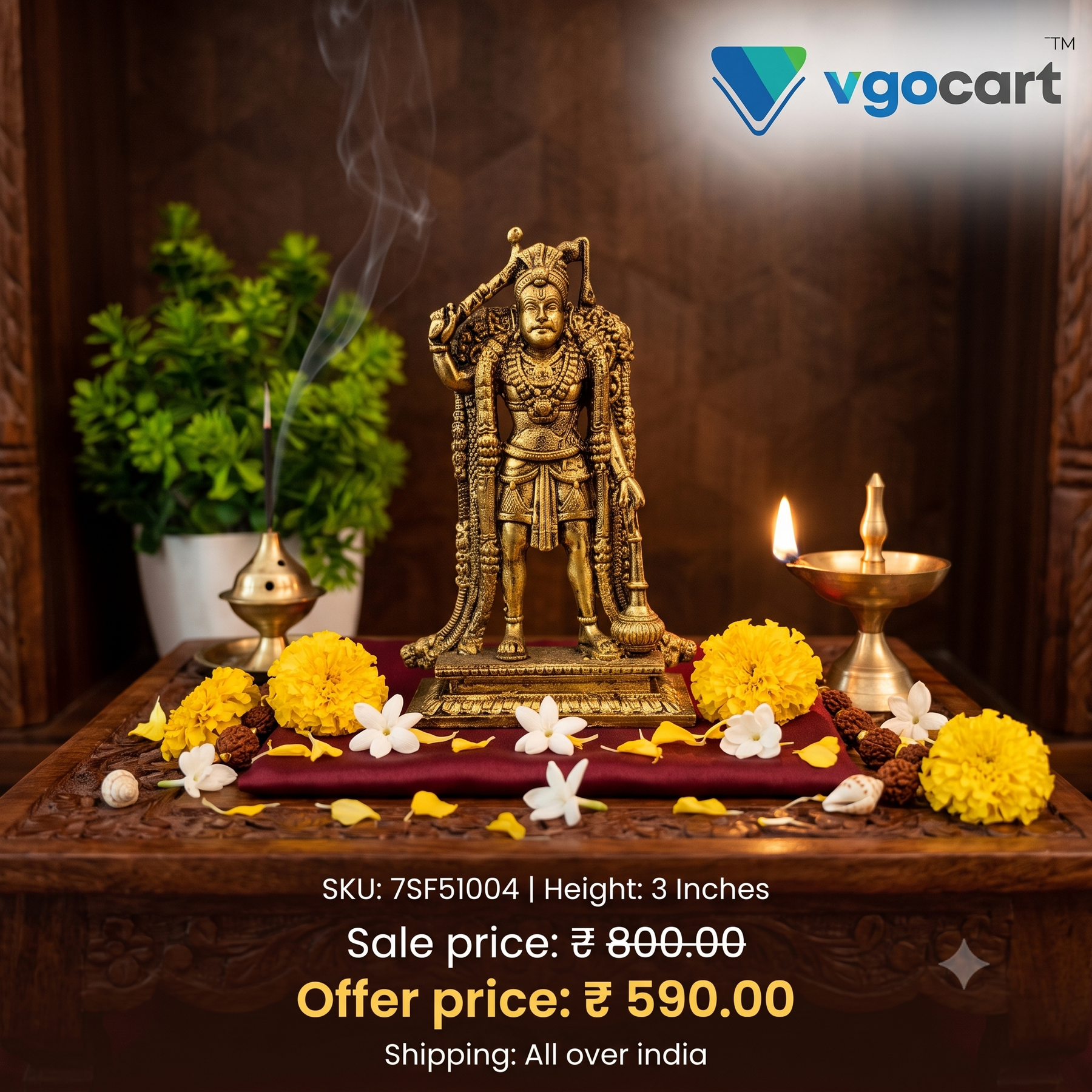 Brass Karupparayan Idol | South Indian Guardian Deity (Kaval Deivam) for Pooja & Protection