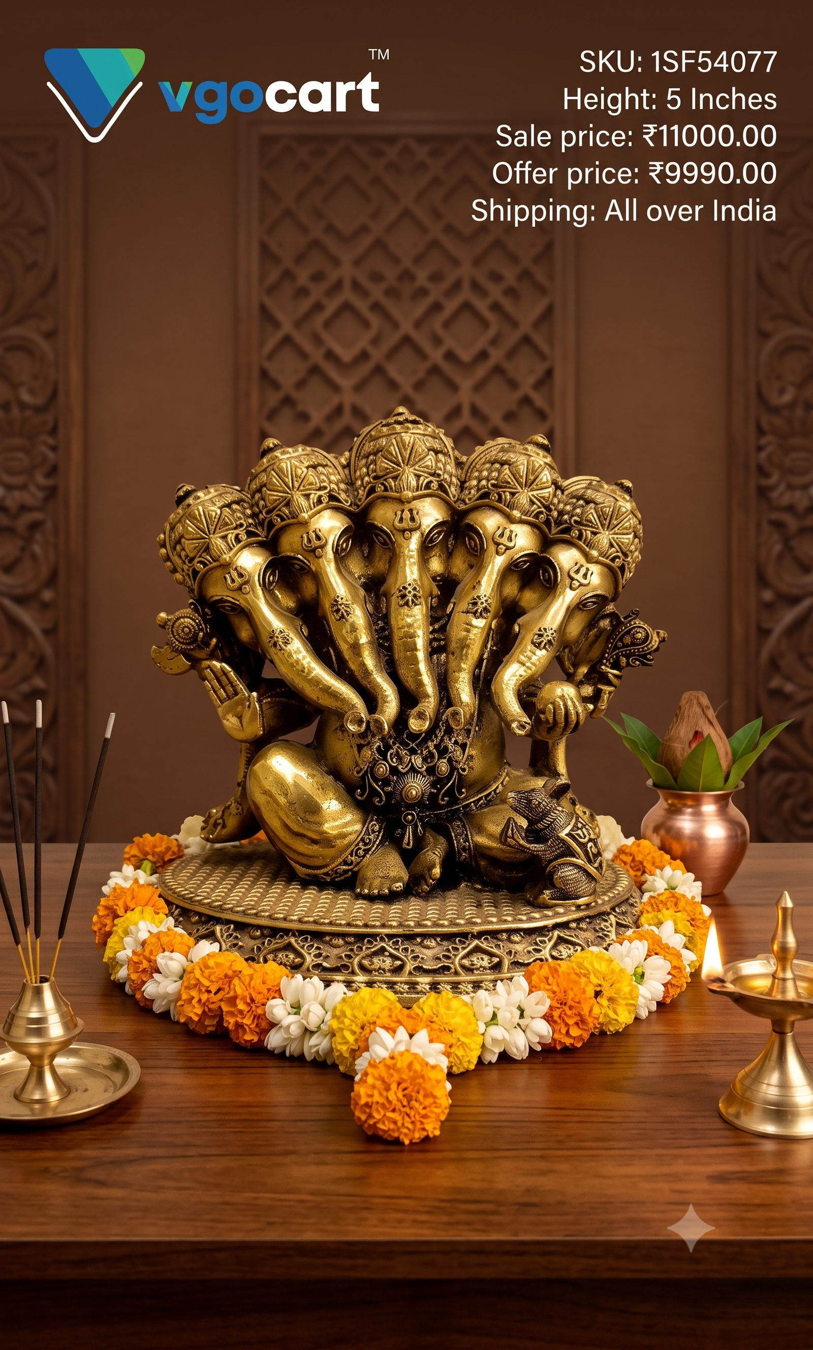 Brass Fine Art Panchamukhi Ganesha Idol | Five-Faced Vinayaka Statue for Vastu & Home Decor
