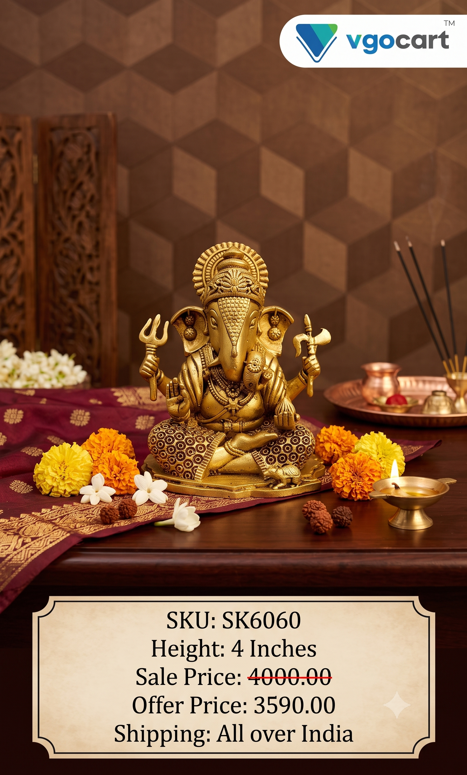 Brass Fine Art Ganesha Idol | Lord Vinayaka Statue for Pooja, Office Desk & Home Vastu