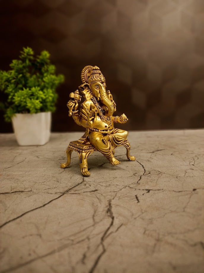 Brass Fine Art Ganesha on Stand | Premium Vinayaka Idol for Desk, Vastu & Home Decor