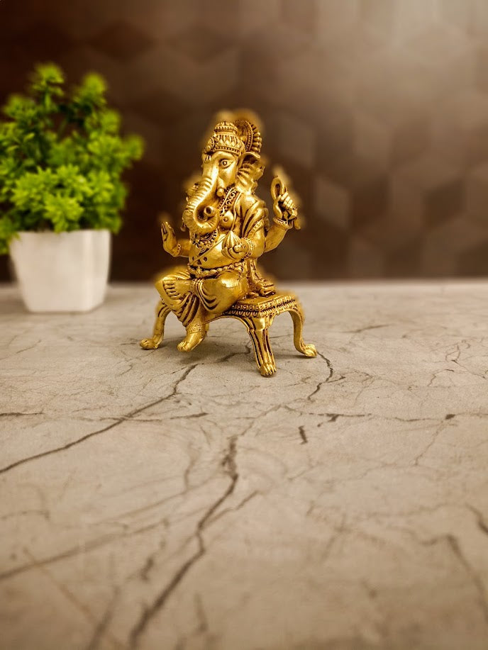 Brass Fine Art Ganesha on Stand | Premium Vinayaka Idol for Desk, Vastu & Home Decor