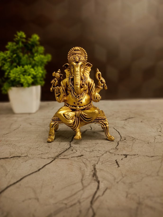 Brass Fine Art Ganesha on Stand | Premium Vinayaka Idol for Desk, Vastu & Home Decor