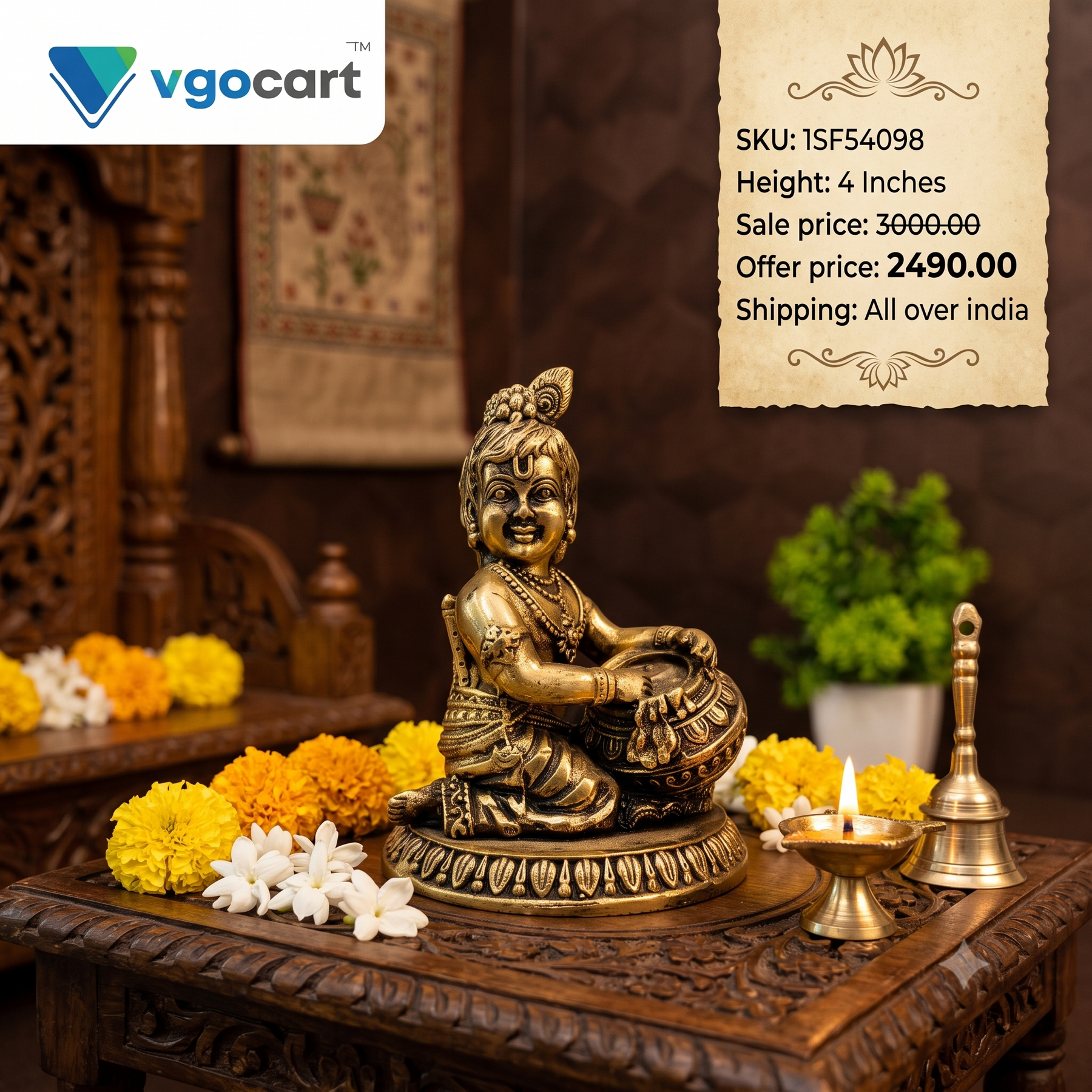 Brass Fine Art Vennai Krishna Idol | Makhan Chor Bal Gopal Statue for Pooja & Vastu