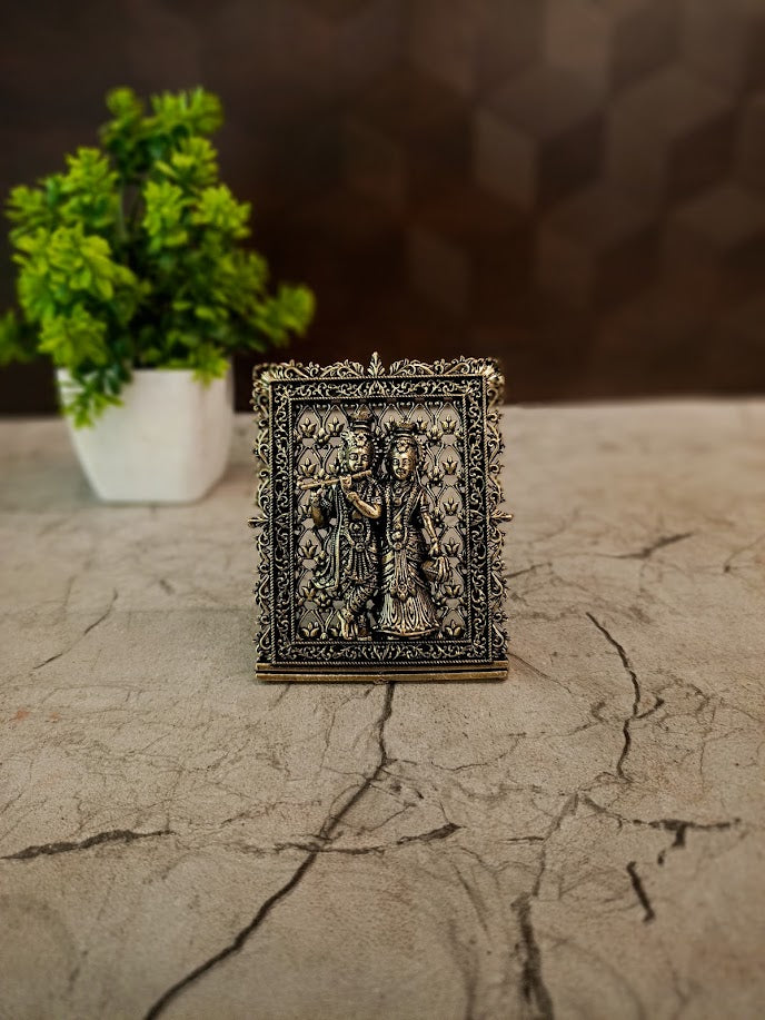 Brass Fine Art Tabletop Radha Krishna | Miniature Divine Love Idol for Desk & Vastu Decor
