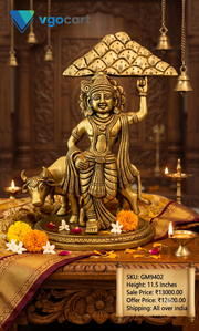 Brass Govardhan Krishna with Cow Idol | Majestic Mountain-Lifting Statue for Pooja & Vastu