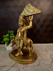 Brass Govardhan Krishna with Cow Idol | Majestic Mountain-Lifting Statue for Pooja & Vastu