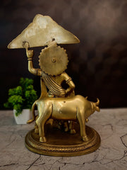 Brass Govardhan Krishna with Cow Idol | Majestic Mountain-Lifting Statue for Pooja & Vastu