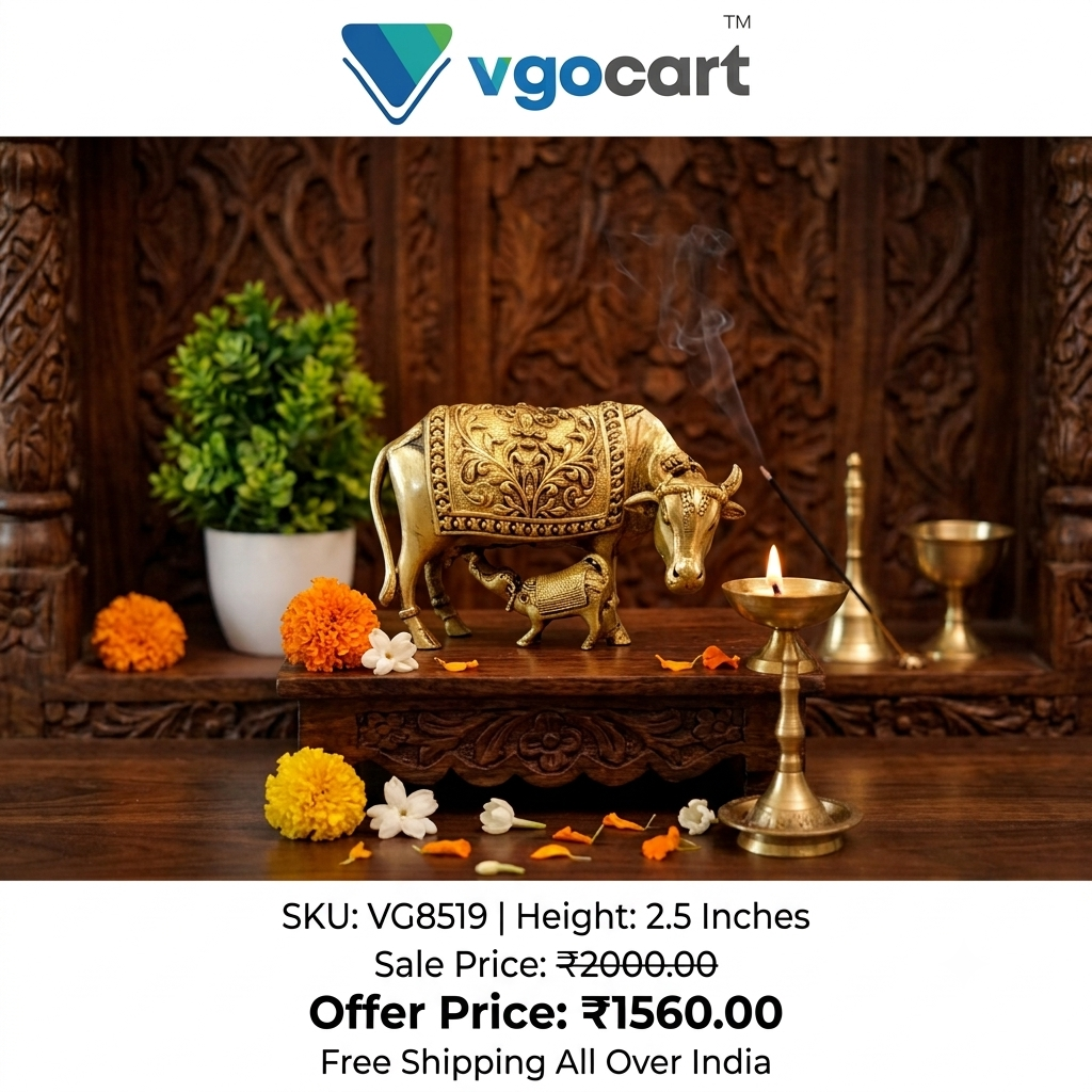 Golden Brass Cow and Calf Idol | Kamdhenu Statue for Pooja, Vastu & Home Decor